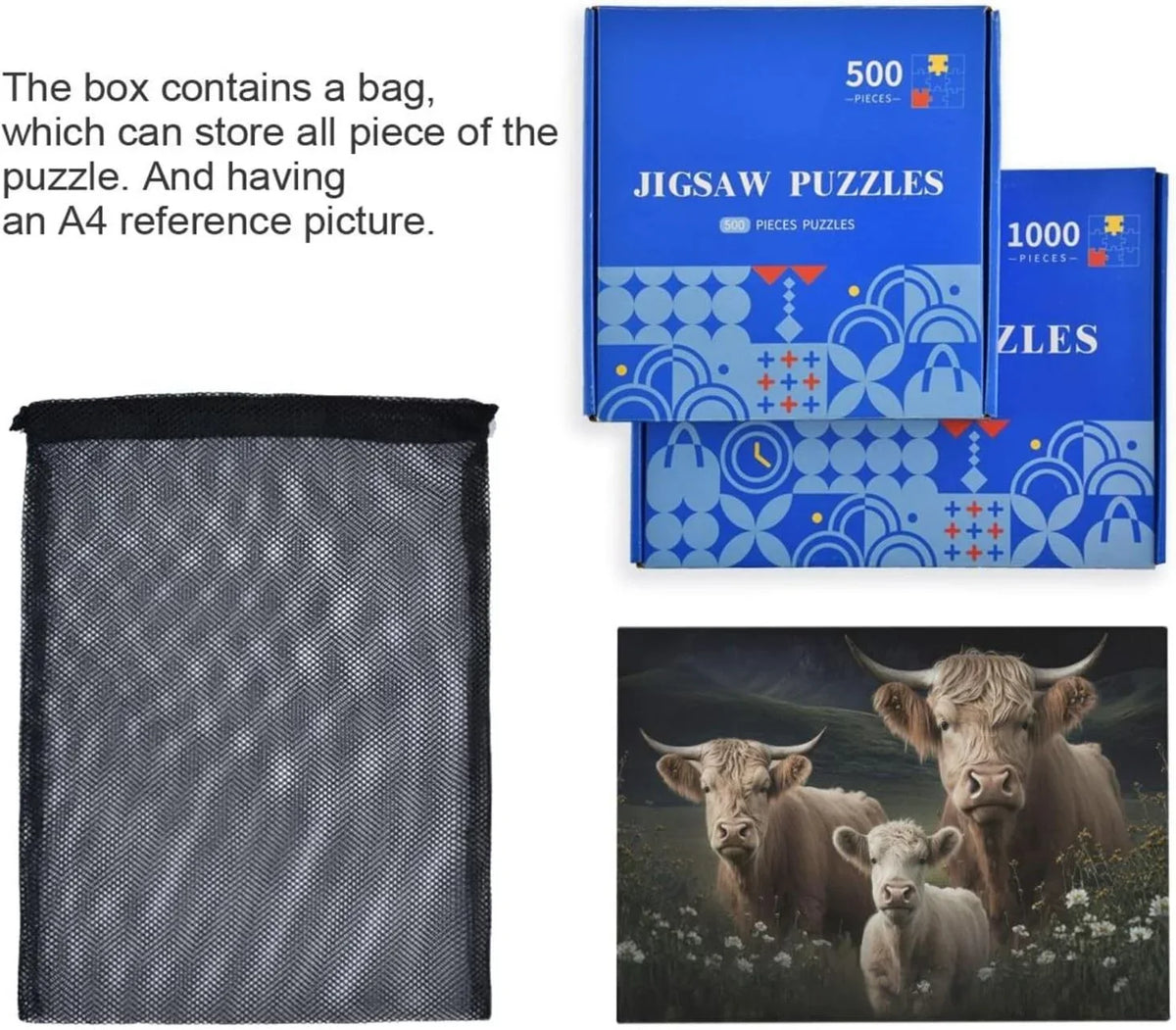 500 PCS Highland Cows Jigsaw Puzzle, Paper Wood Composite Material Zigsaw with Storage Bag, Puzzle for Adults, Fun Challenging Brain Exercise Family Game Gift for Kids Friends Parents