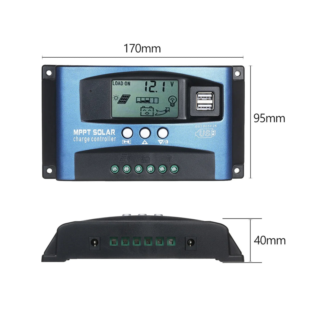 MPPT Solar Charge Controller Dual USB Solar Controller Smart LCD Screen MPPT Tracking 5V/2A Dual USB Output 12V/24V Automatic Identification