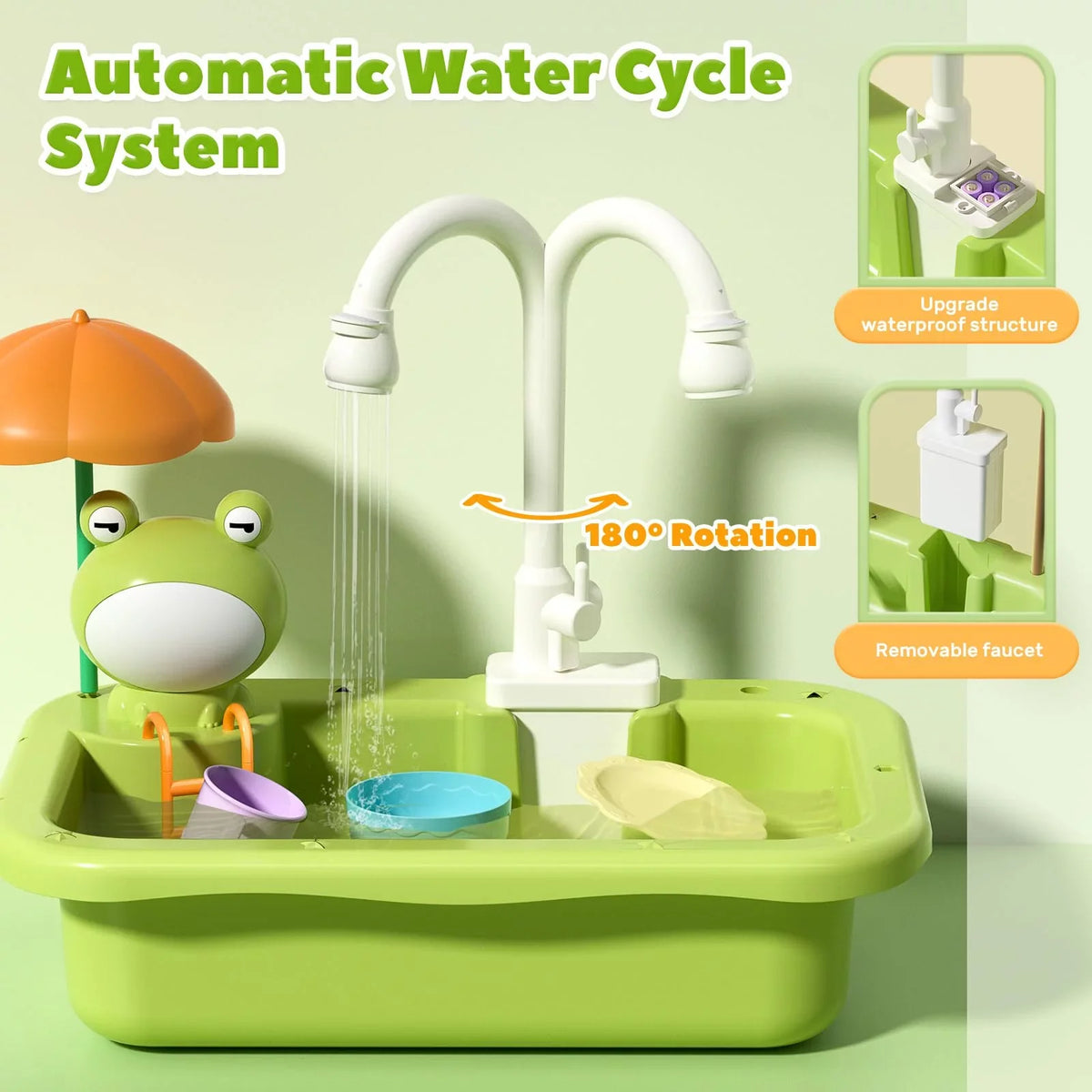 Play Sink with Running Water, Kitchen Sink Toys with Upgraded Electric Faucet, Play Kitchen Toy Accessories, Pool Floating Fishing Toys for Water Play, Kids Role Play Dishwasher Toy