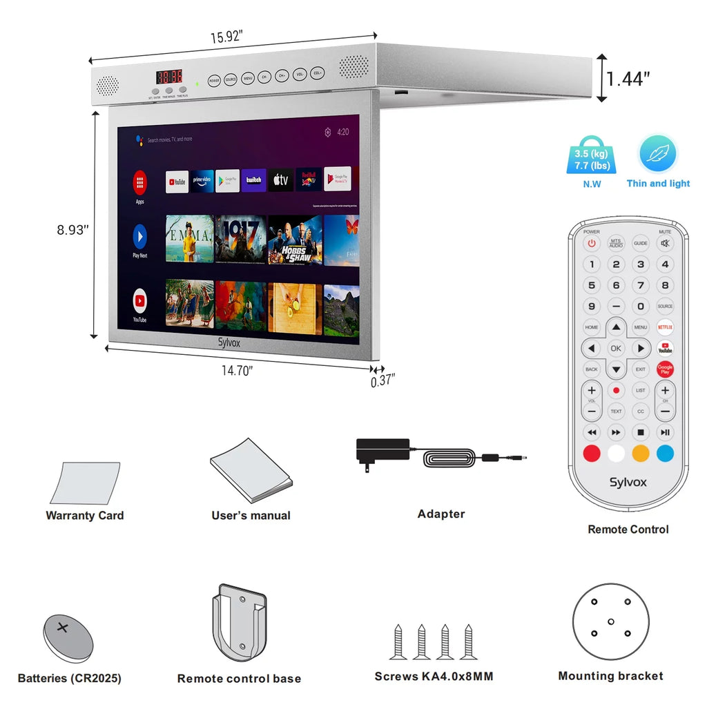 SYLVOX 15.6 inch Smart Kitchen TV, 1080P FHD Under Cabinet TV, Smart Android TV Built-in Google Play, Support Google Assistant WiFi Bluetooth(Silver）