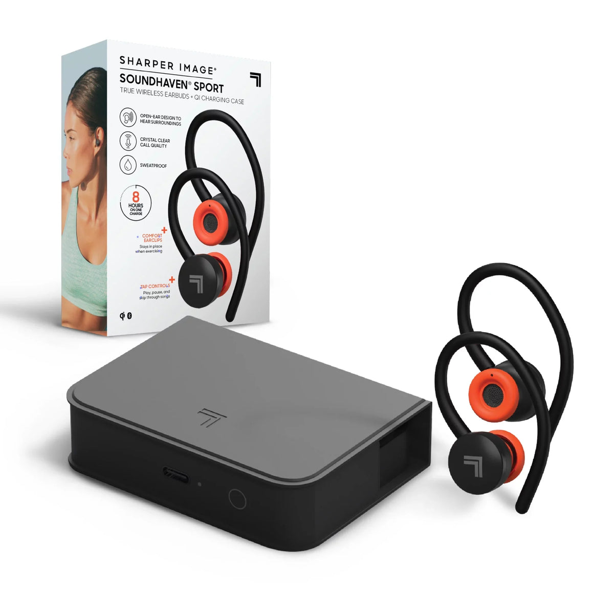 Sharper Image® SoundHaven® Sport True Wireless Bluetooth Earbuds with Qi Charging Case, Black