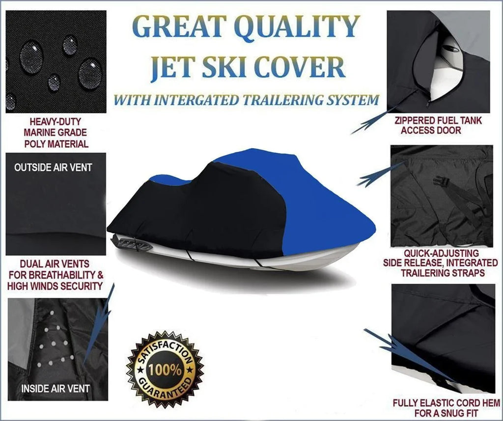 BLACK / BLUE HEAVY-DUTY, 600 DENIER Jet Ski Cover Compatible for Watercraft jetski Kawasaki Ultra 310X SE 2014 2015 2016 2017 2018 2019 2020