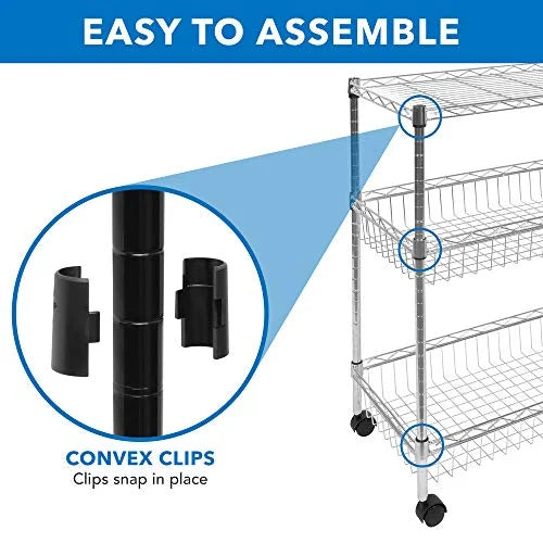 Mount-It! Mesh Wire Rolling Cart | 3-Tier Multi-Function Metal Trolley for Kitchen Storage and Organization | Heavy-Duty Storage Cart with Wheels and Handle | Silver