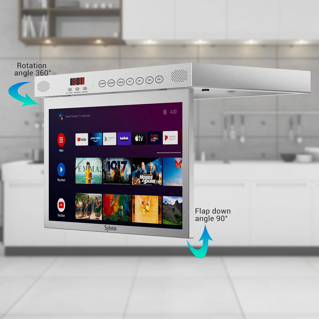 SYLVOX 15.6 inch Smart Kitchen TV, 1080P FHD Under Cabinet TV, Smart Android TV Built-in Google Play, Support Google Assistant WiFi Bluetooth(Silver）
